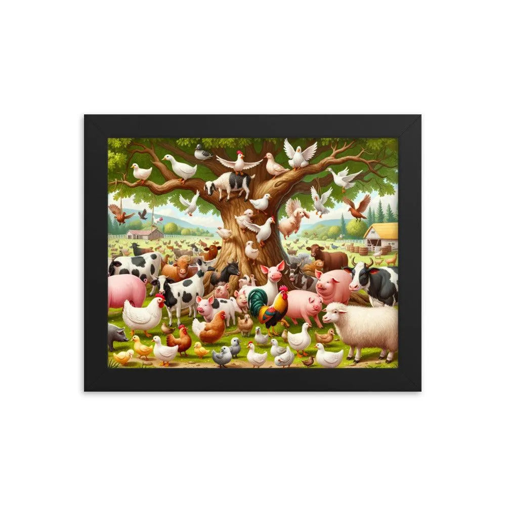 Diverse Farm Animal Gathering Illustration Framed Poster - Oh Posters