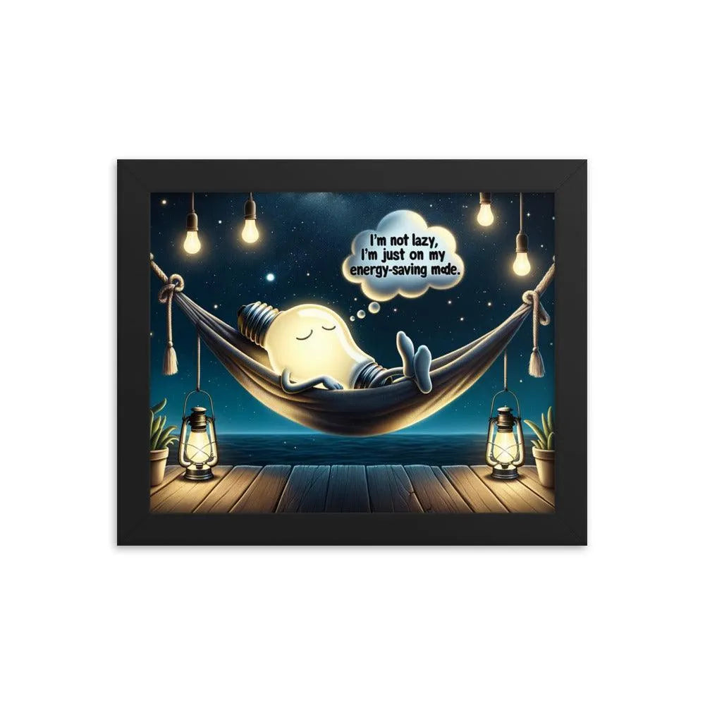 Lazy Light Bulb Energy-Saving Humor Night Illustration Framed Poster - Oh Posters