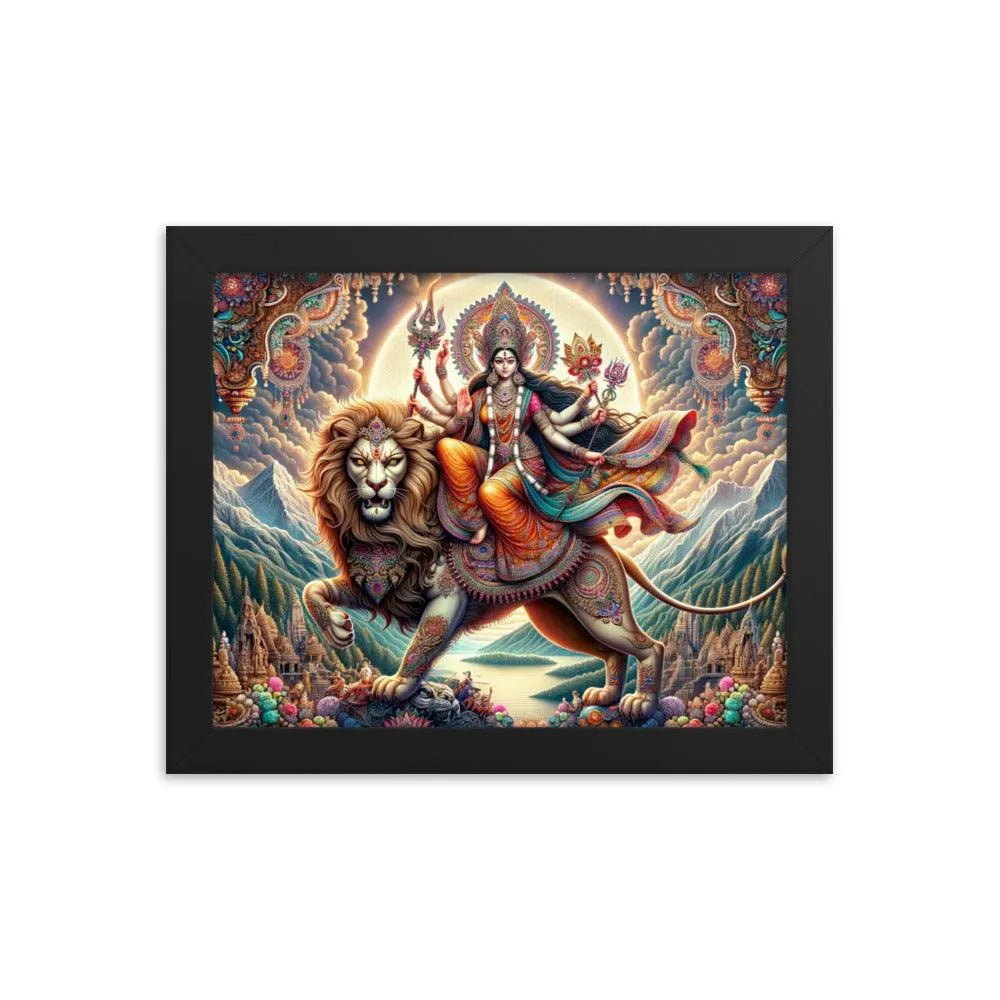 Goddess Durga on Lion Divine Hindu Art Framed Poster - Oh Posters