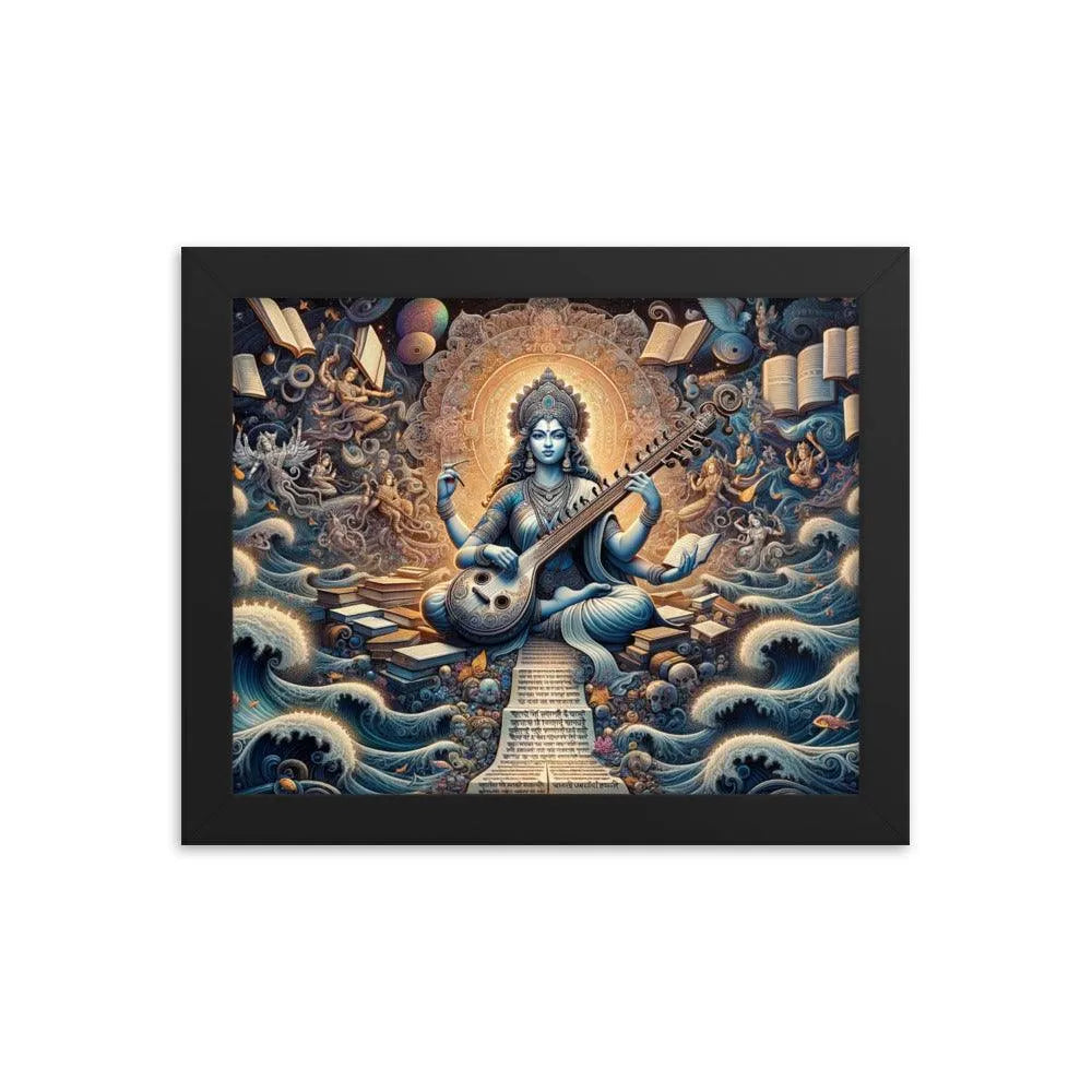 Goddess Saraswati Playing Veena amidst a Lush Landscape Hindu Artistic Framed Poster - Oh Posters