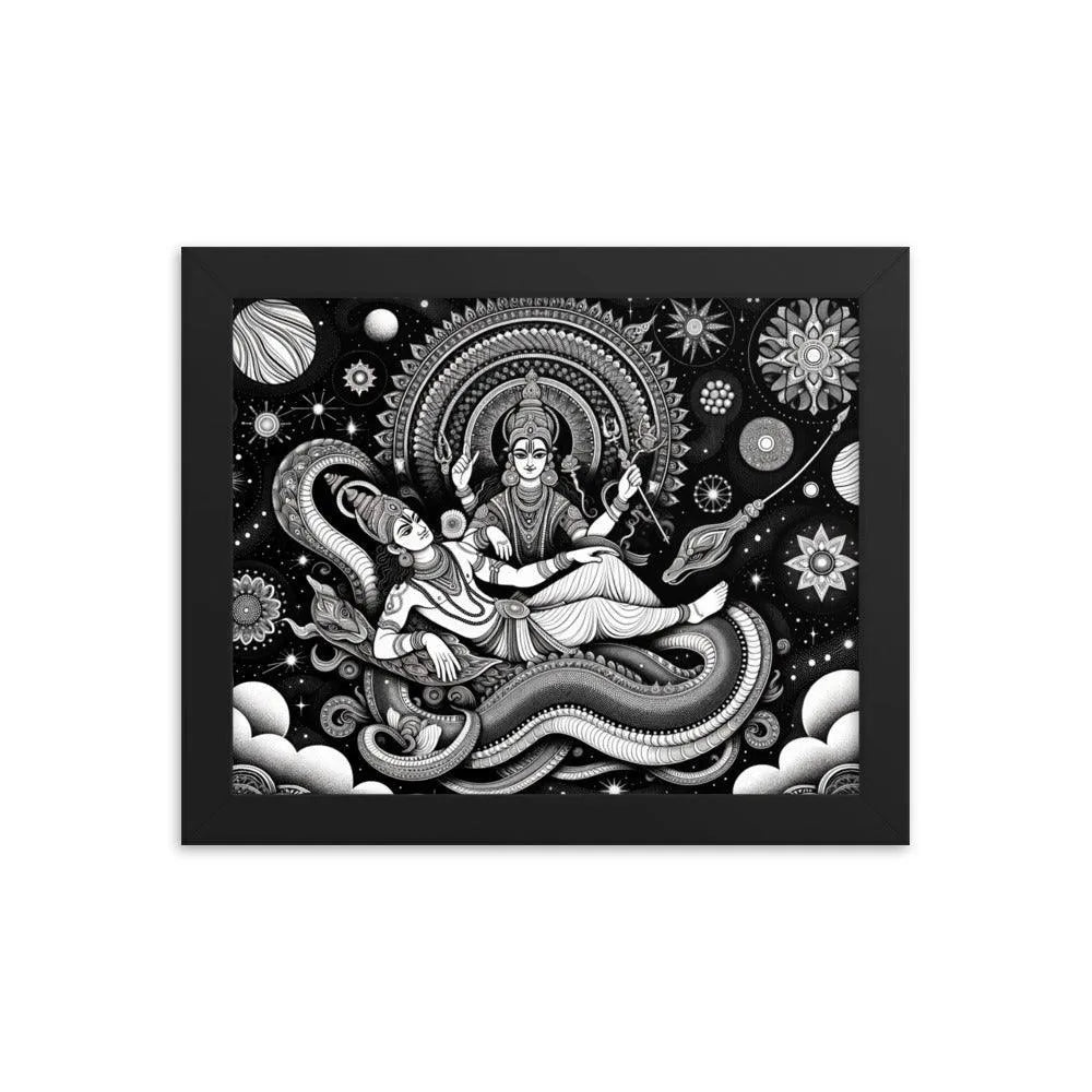 Hindu Lord Vishnu and Goddess Lakshmi Cosmic Serpent Divine Art Framed Poster - Oh Posters