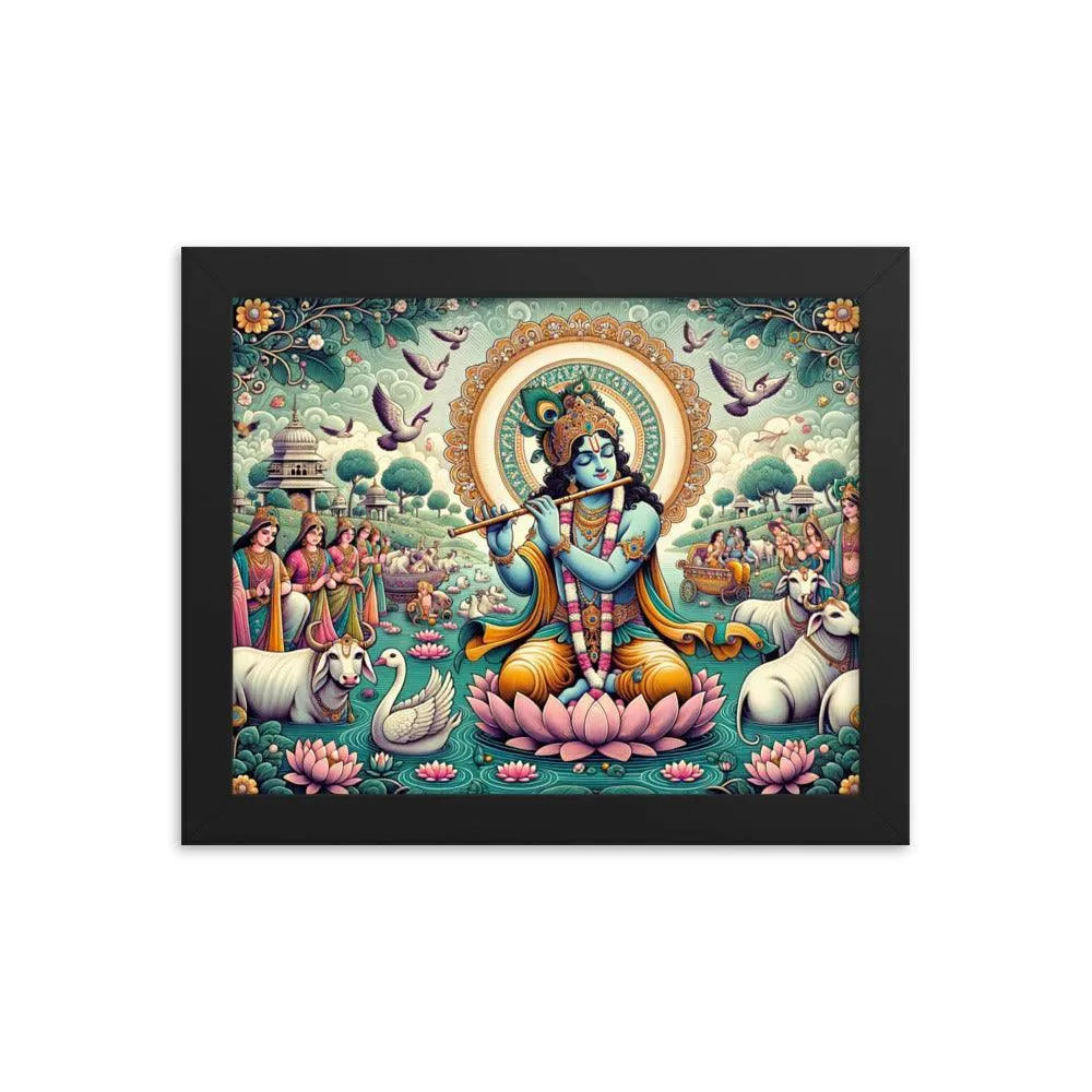 Hindu Lord Krishna Divine Flute Music Vrindavan Framed Poster - Oh Posters