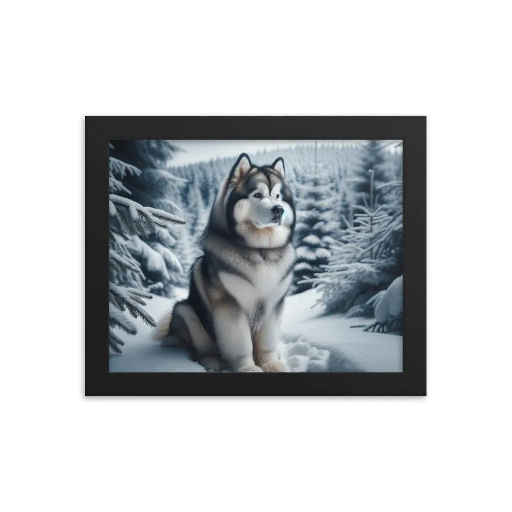 Graceful Alaskan Malamute in Wintry Forest Framed Poster - Oh Posters