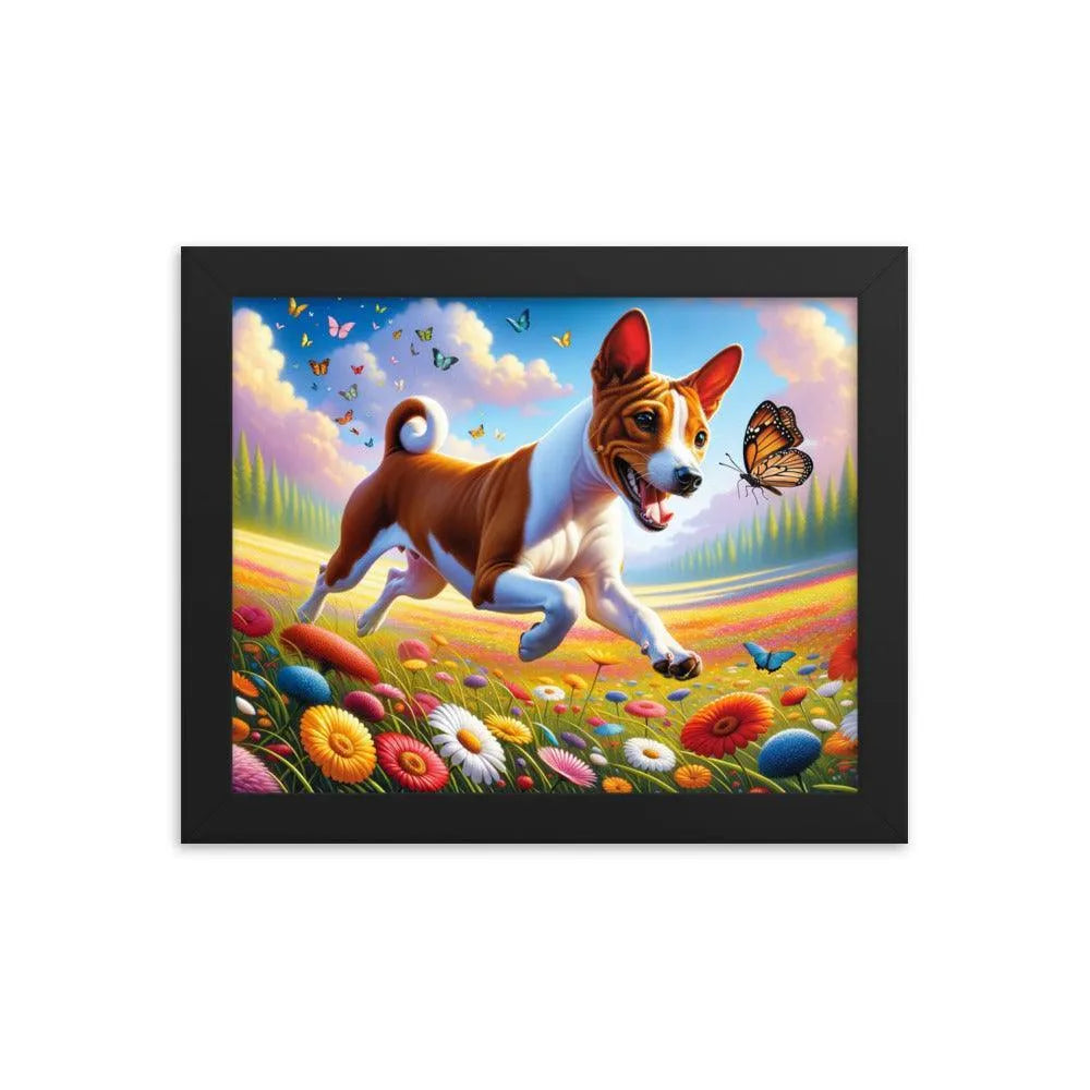 Energetic Basenji Dog Chasing Butterfly in Vibrant Meadow Landscape Framed Poster - Oh Posters