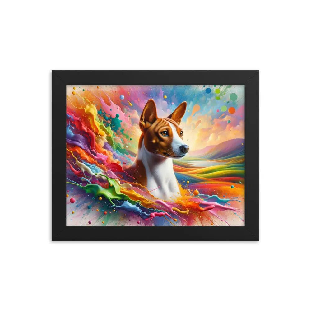 Realistic Basenji Dog Amidst Rainbow Splatter Framed Poster - Oh Posters