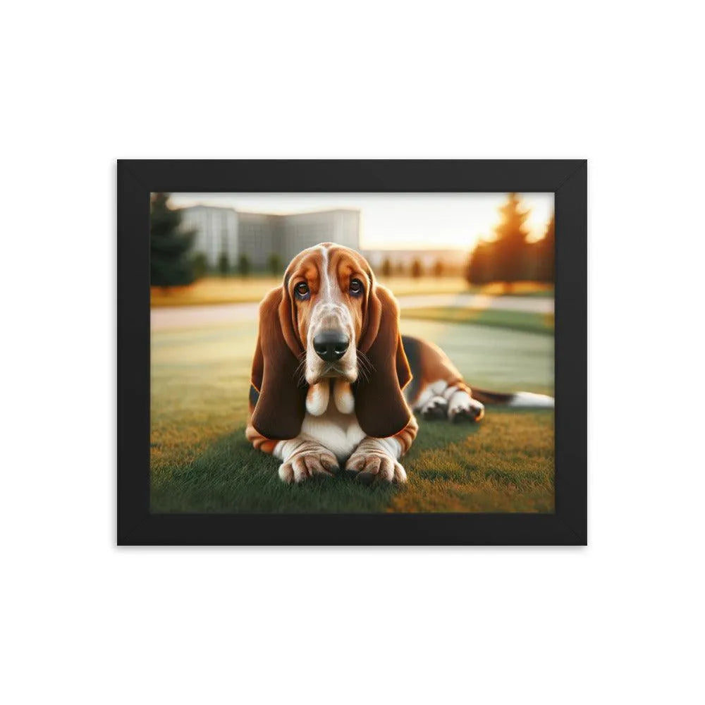 Gentle Basset Hound in Grassy Field Photo Framed Poster - Oh Posters