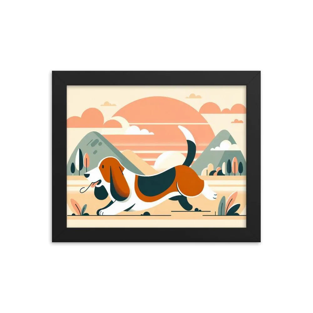 Joyful Basset Hound's Tail Chase Flat Art Framed Poster - Oh Posters