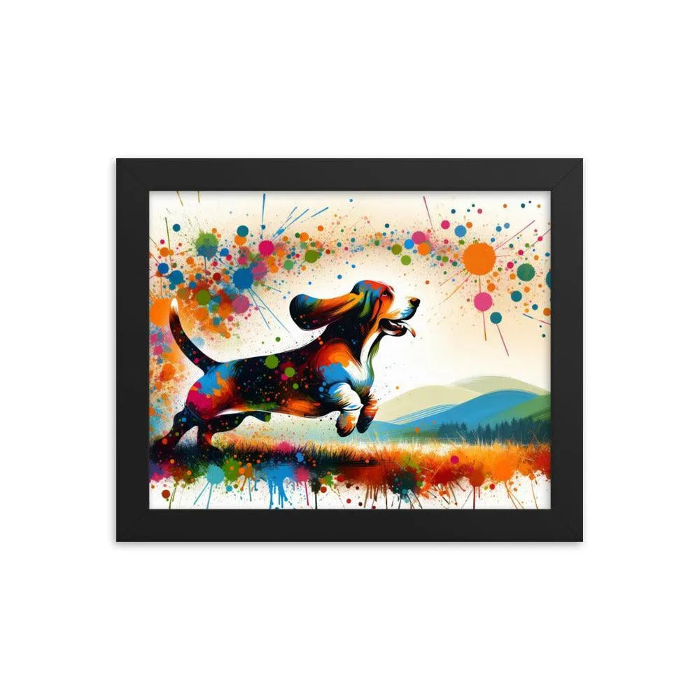 Joyful Basset Hound Playful Splatter Art Framed Poster - Oh Posters