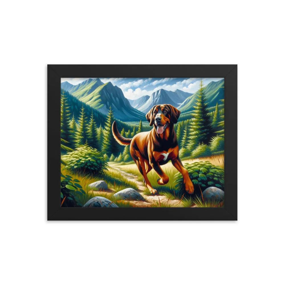 Playful Bavarian Mountain Hound in Mountain Forest Painting Framed Poster - Oh Posters