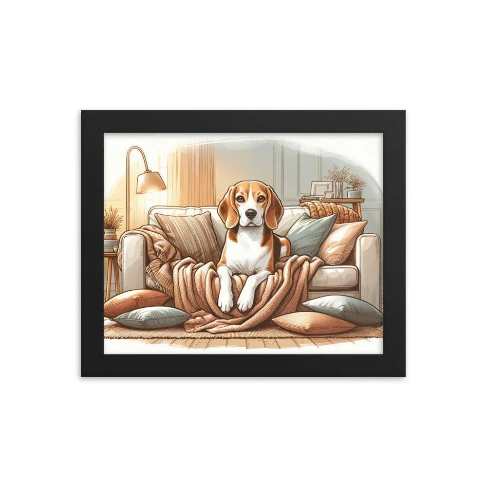 Cozy Beagle on the Couch Home Illustration Framed Poster - Oh Posters