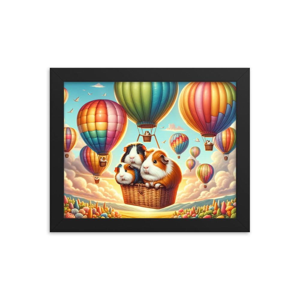 Guinea Pigs Soaring in Colorful Hot Air Balloons Illustration Framed Poster - Oh Posters