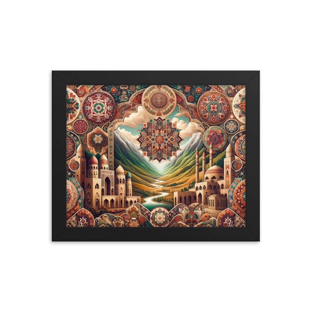 Captivating Azerbaijani Art Essence: Traditional Carpet Designs, Folkloric Symbols & Scenic Landscape Background Framed Poster - Oh Posters