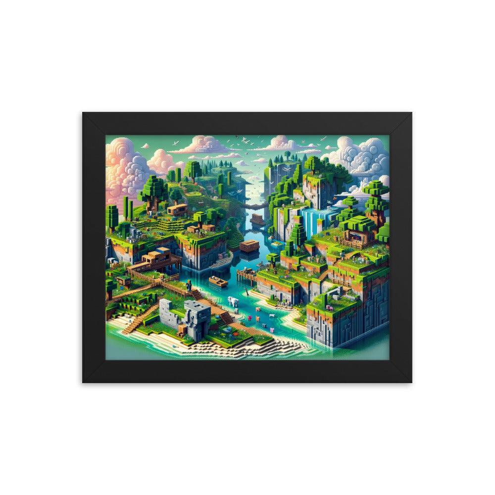 Minecraft Inspired Vibrant Block Landscape Digital Art Framed Poster - Oh Posters