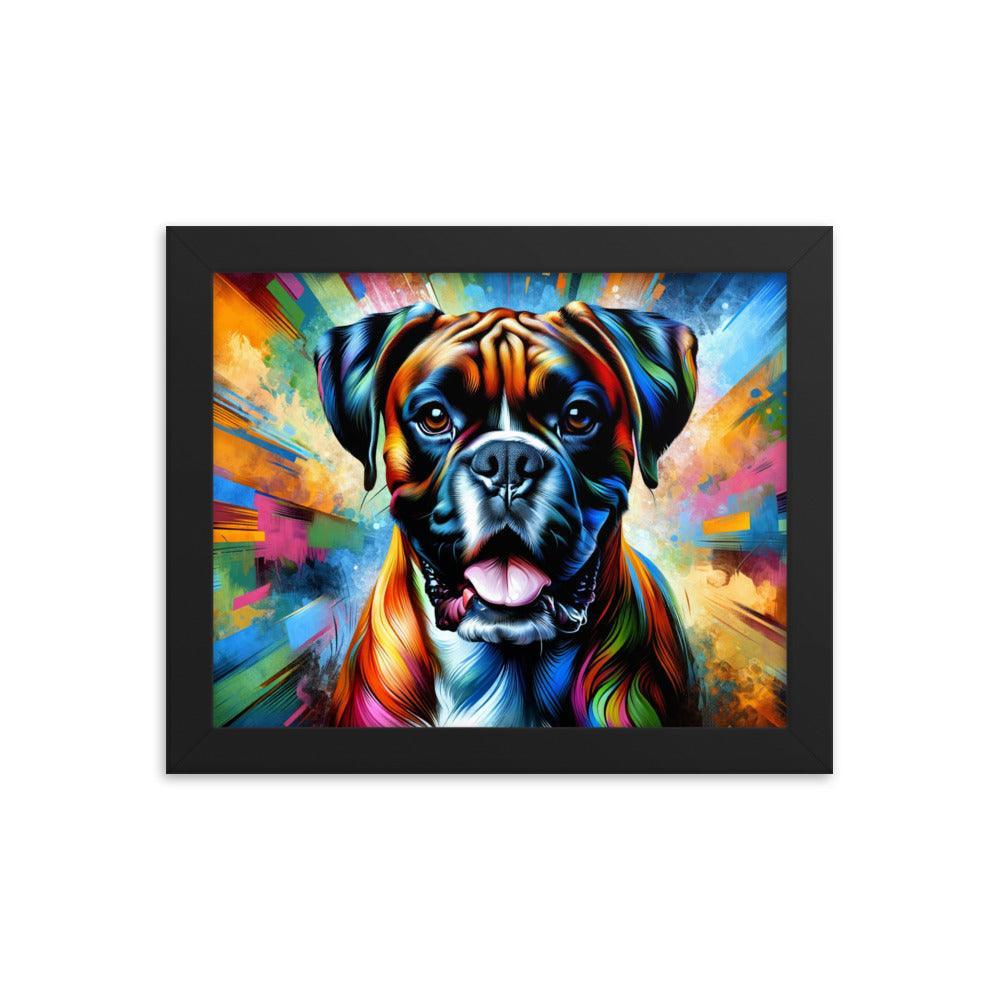 Vibrant Boxer Dog Energy in Colorful Abstract Art with Dynamic Pose Framed Poster - Oh Posters