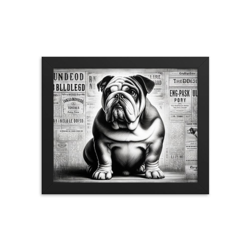 English Bulldog in Vintage Newspaper Style with Monochromatic Theme Art Framed Poster - Oh Posters