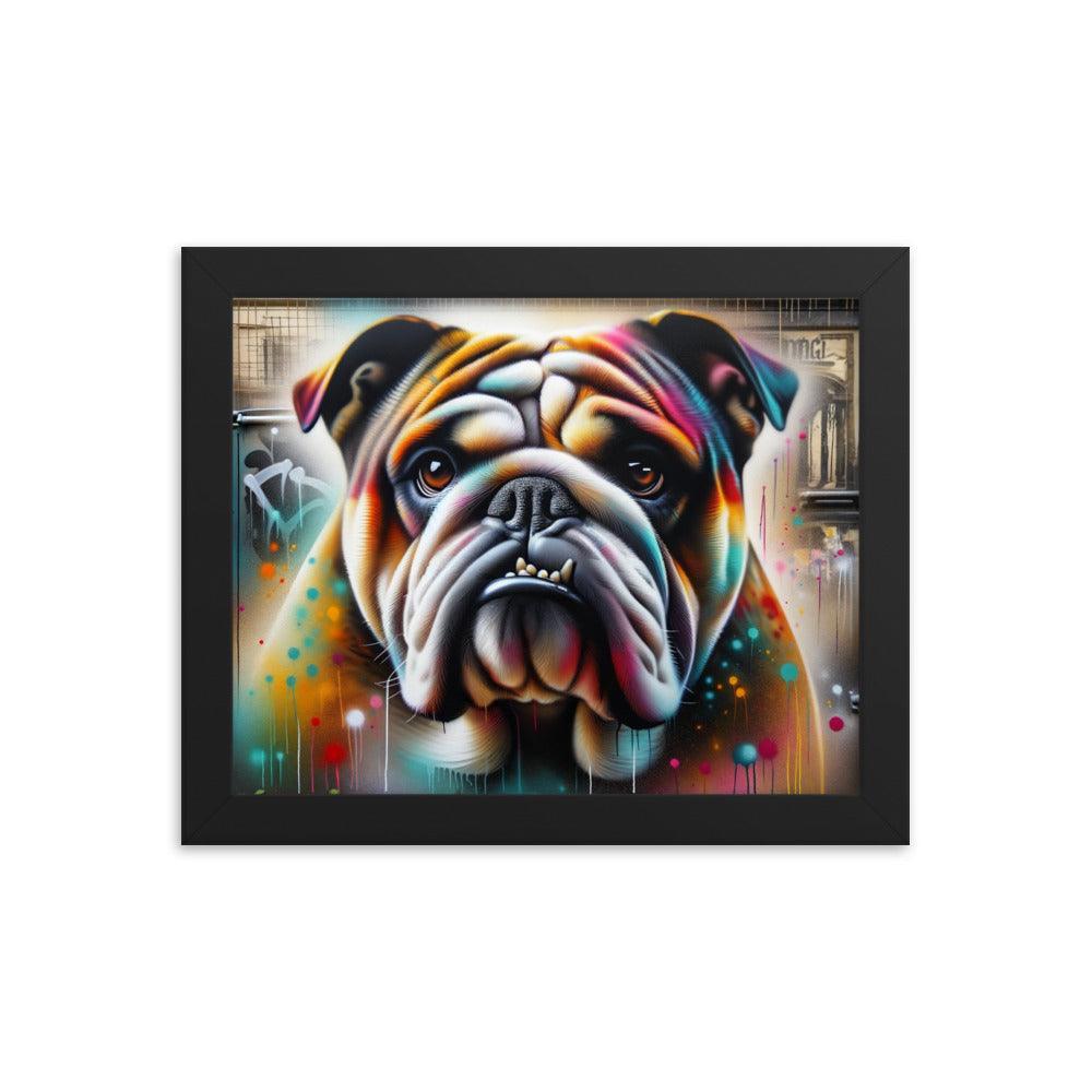 English Bulldog Graffiti Art with Vibrant Spray Paint and Urban Background Framed Poster - Oh Posters