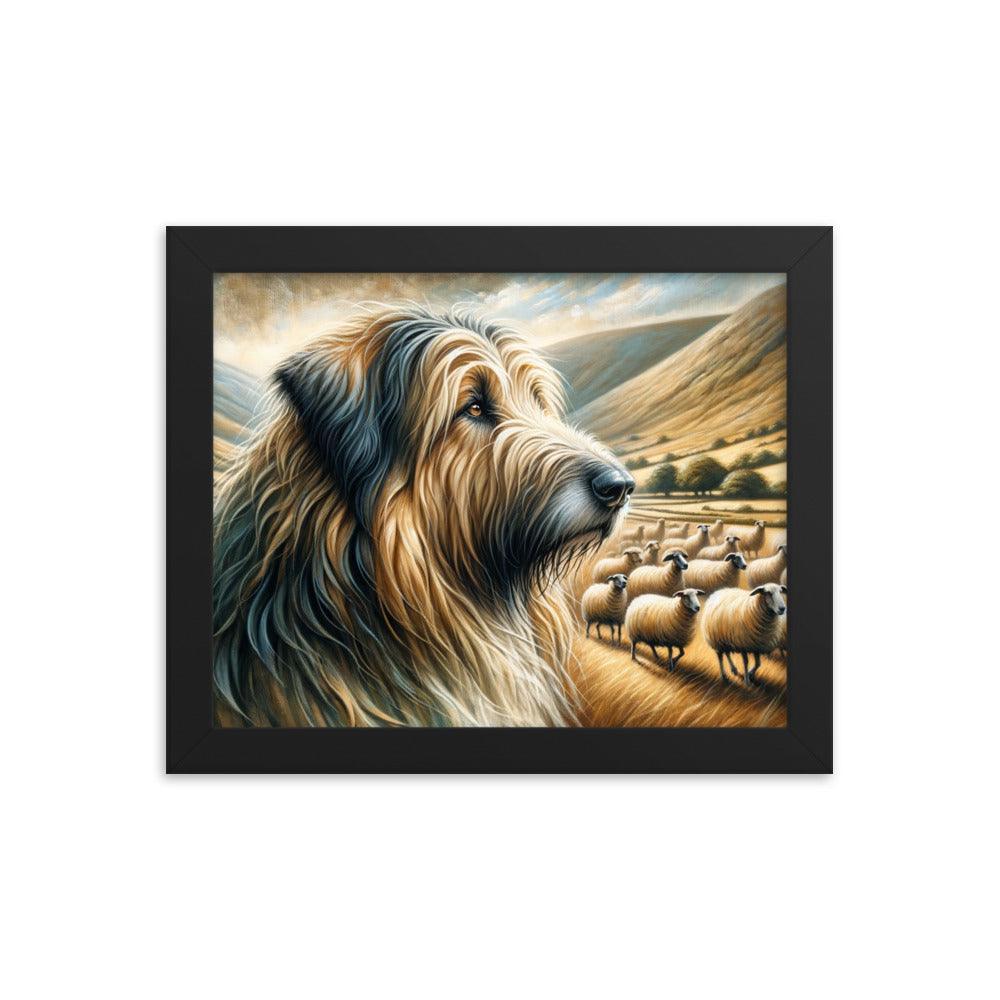 Catalan Sheepdog in Pastoral Setting with Flock and Rolling Hills Framed Poster - Oh Posters