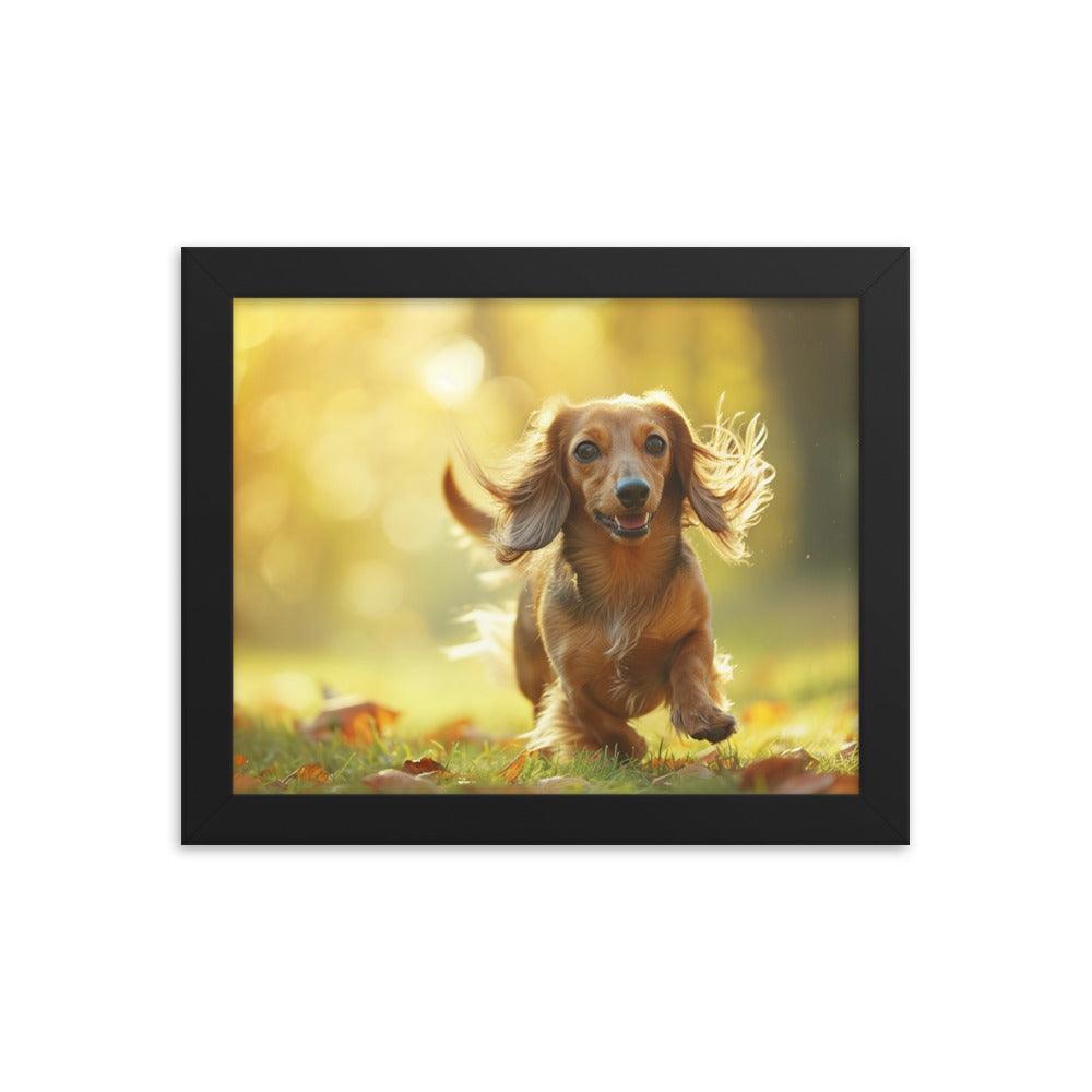 Joyful Long-Haired Dachshund's Playful in Autumn Framed Poster - Oh Posters