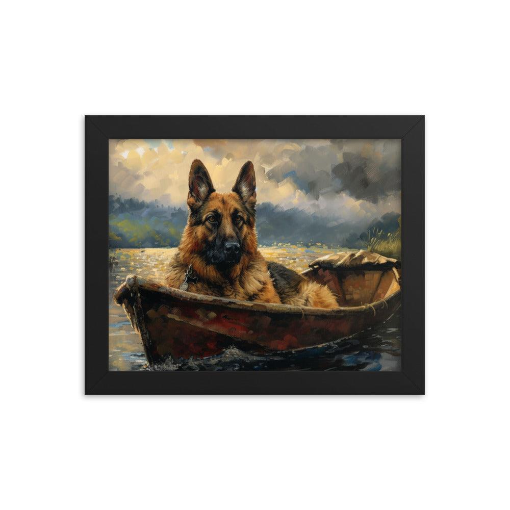 German Shepherd in Boat River Landscape Framed Poster - Oh Posters