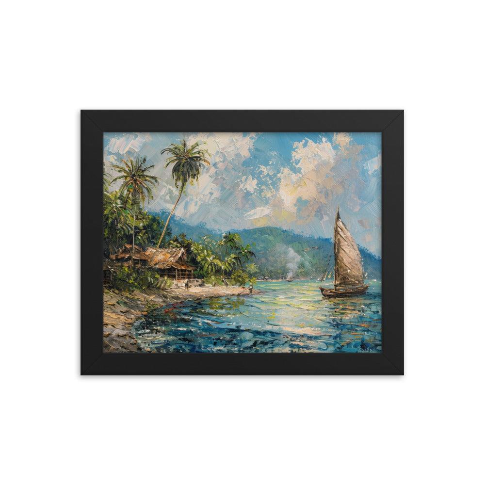 Comoros Beachside Hut and Sailboat Tropical Scene Framed Poster - Oh Posters