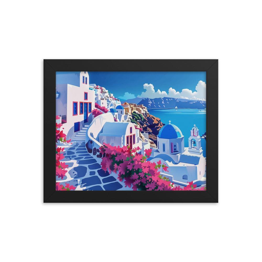 Greece Santorini Vibrant Floral Pathway Framed Poster - Oh Posters