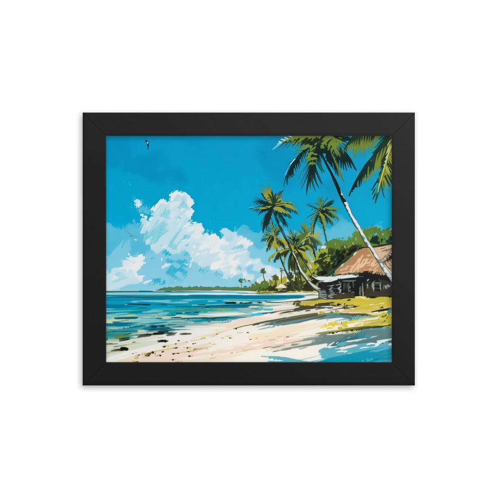 Kiribati Tropical Beach Hut Illustration Framed Poster - Oh Posters