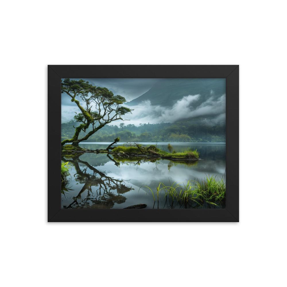 Indonesia Serene Lake Misty Mountains Framed Poster - Oh Posters