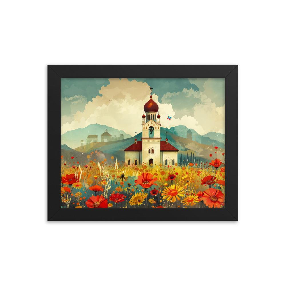 Romania Mountain Church Field of Flowers Framed Poster - Oh Posters