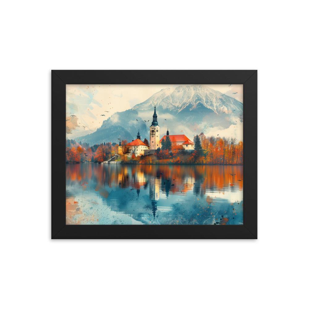 Slovenia Autumn Lakeside Church Reflection Framed Poster - Oh Posters