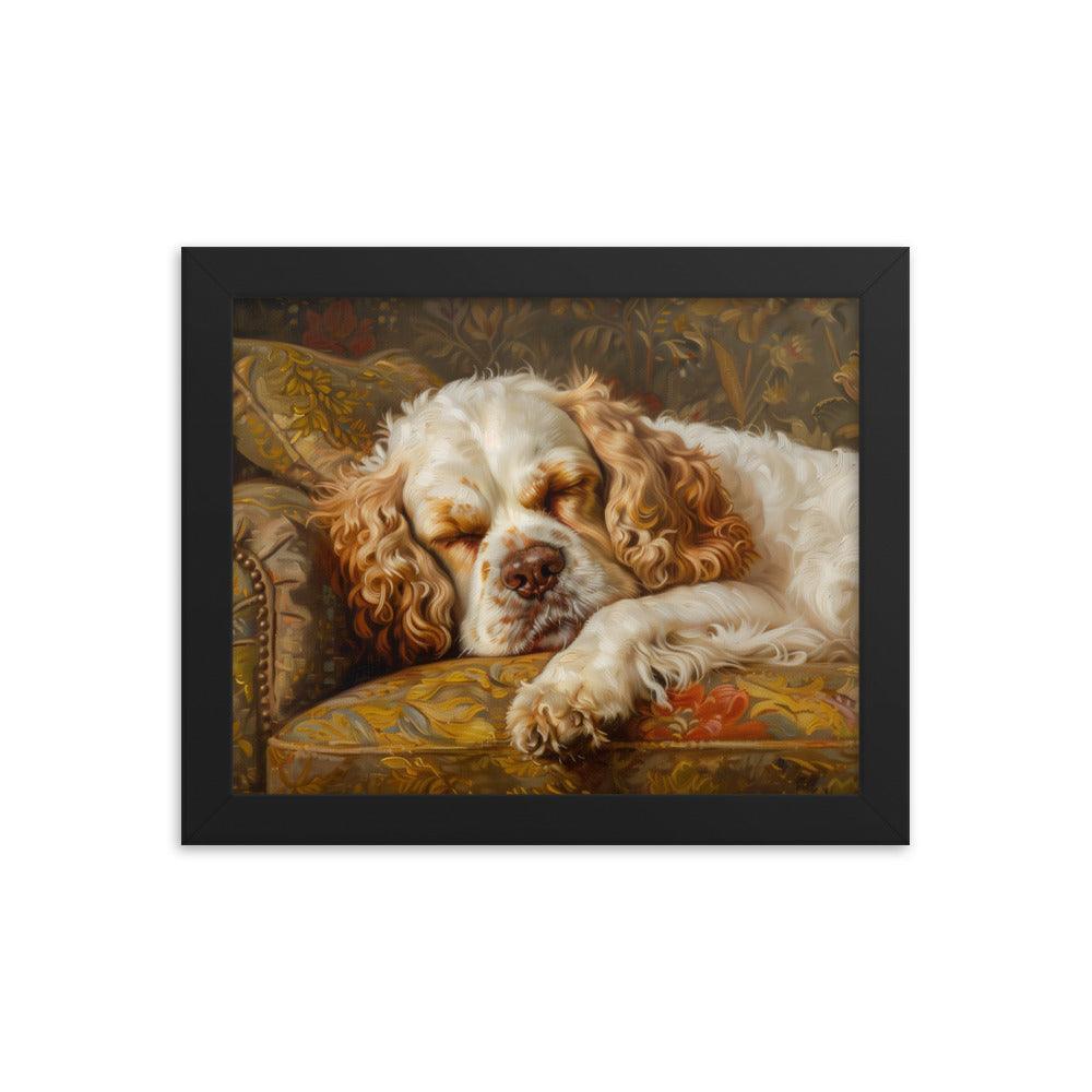 Clumber Spaniel Sleeping on Floral Sofa Painting Framed Poster - Oh Posters