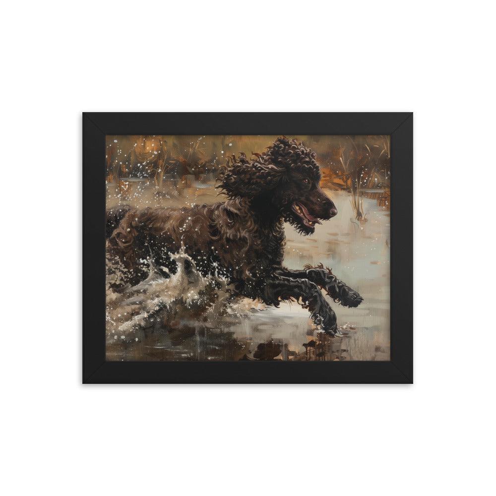 Irish Water Spaniel Splashing in Lake Art Framed Poster - Oh Posters