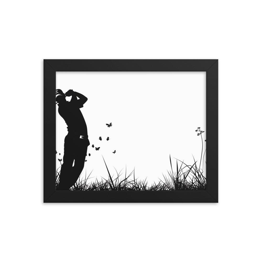 Golfer Silhouette Swinging Action Black and White Art Framed Poster - Oh Posters