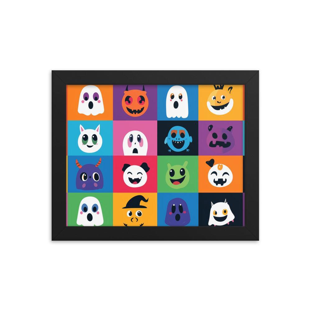 Cheerful Halloween Ghosts and Pumpkins Cartoon Faces Framed Poster - Oh Posters