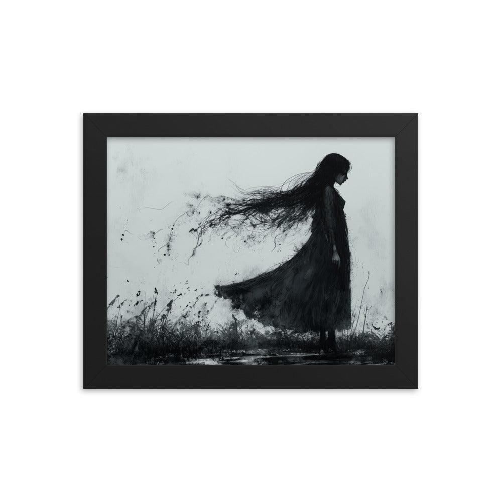 Dark Silhouette Woman in Gloomy Field Ink Illustration Framed Poster - Oh Posters