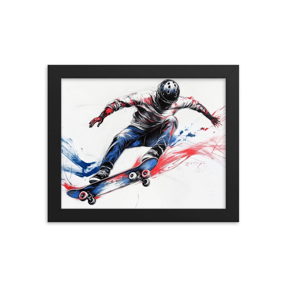 High-Energy Skateboarder with Helmet Abstract Sketch Framed Poster - Oh Posters