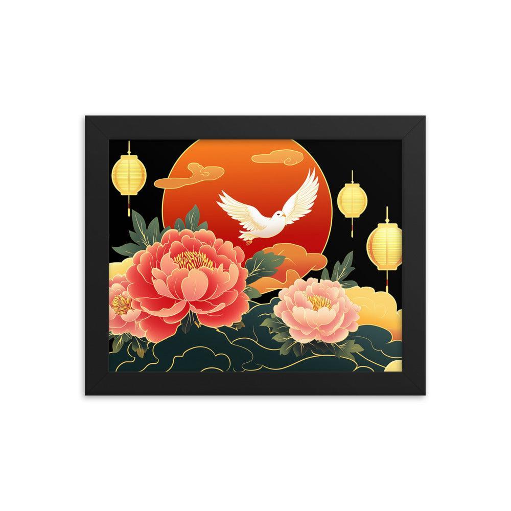 Chinese Traditional Floral Design with Lanterns and Dove Illustration Framed Poster - Oh Posters