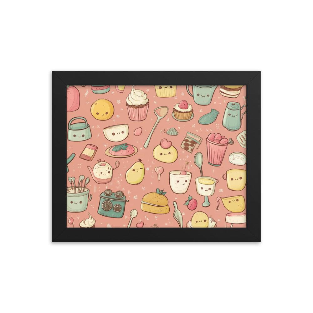 Kawaii Food and Kitchen Utensils Cute Doodle Pattern Framed Poster - Oh Posters