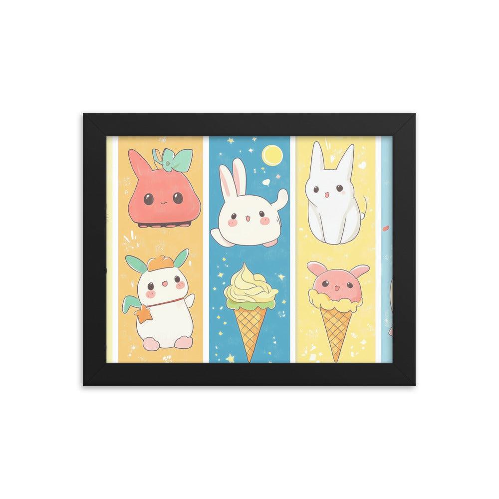 Kawaii Bunnies and Ice Cream Cute Character Strip Digital Art Framed Poster - Oh Posters