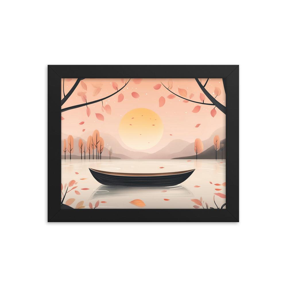 Peaceful Autumn Lake Scene with Soft Sunset and Falling Leaves Framed Poster - Oh Posters