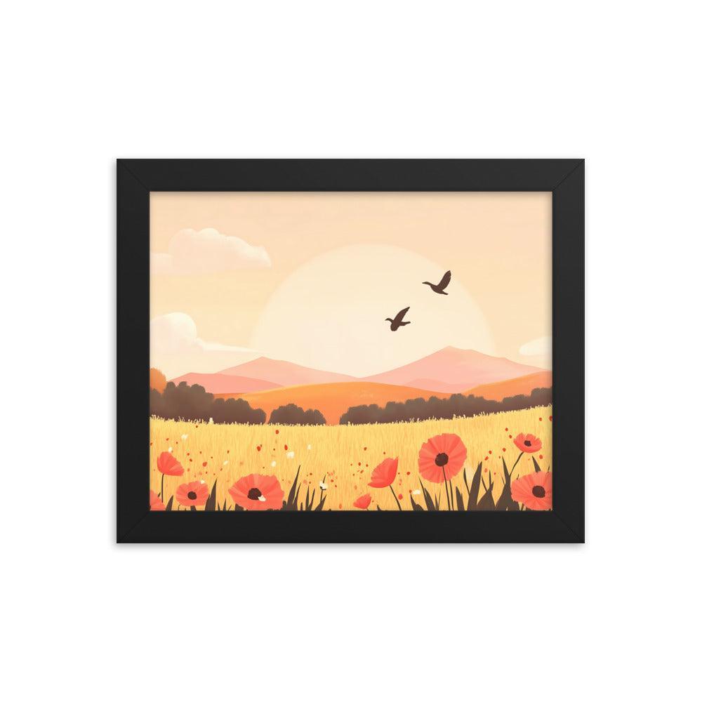 Sunset Field with Poppies and Birds in Pastel Landscape Framed Poster - Oh Posters