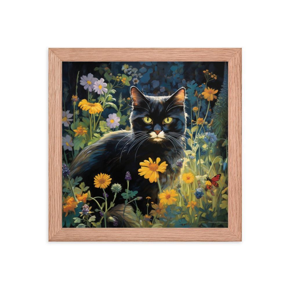 Cat in Moonlit Floral Garden Framed Poster - Oh Posters