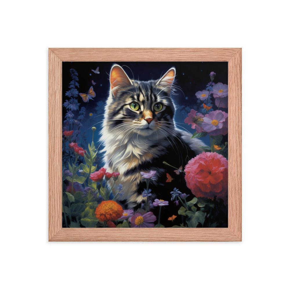 Cat in Moonlit Floral Garden Framed Poster - Oh Posters