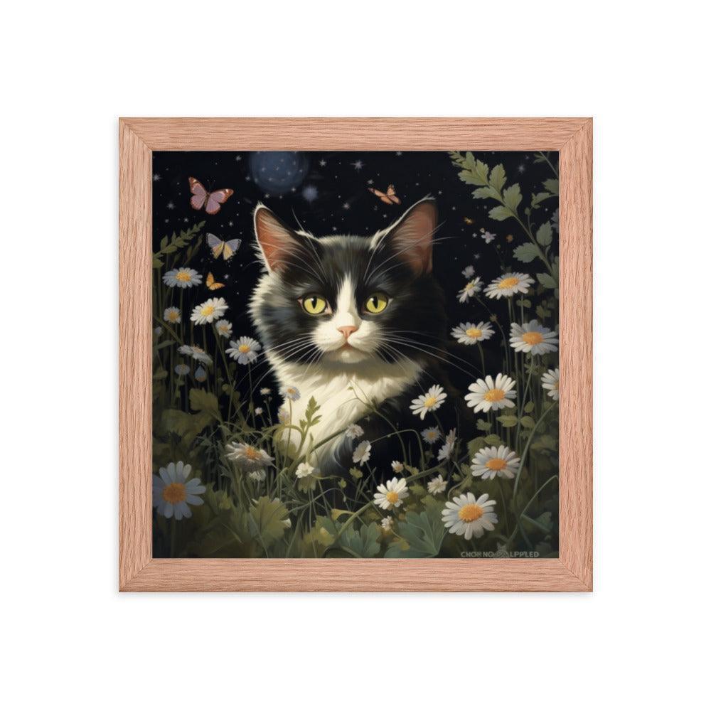 Cat in Moonlit Floral Garden Framed Poster - Oh Posters