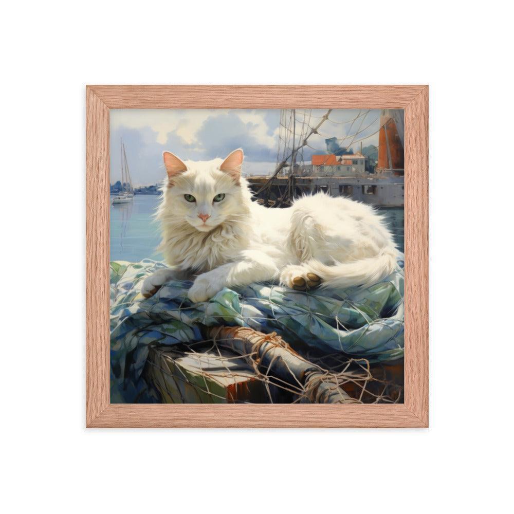 Cat Lounging at Seaside Harbor Framed Poster - Oh Posters