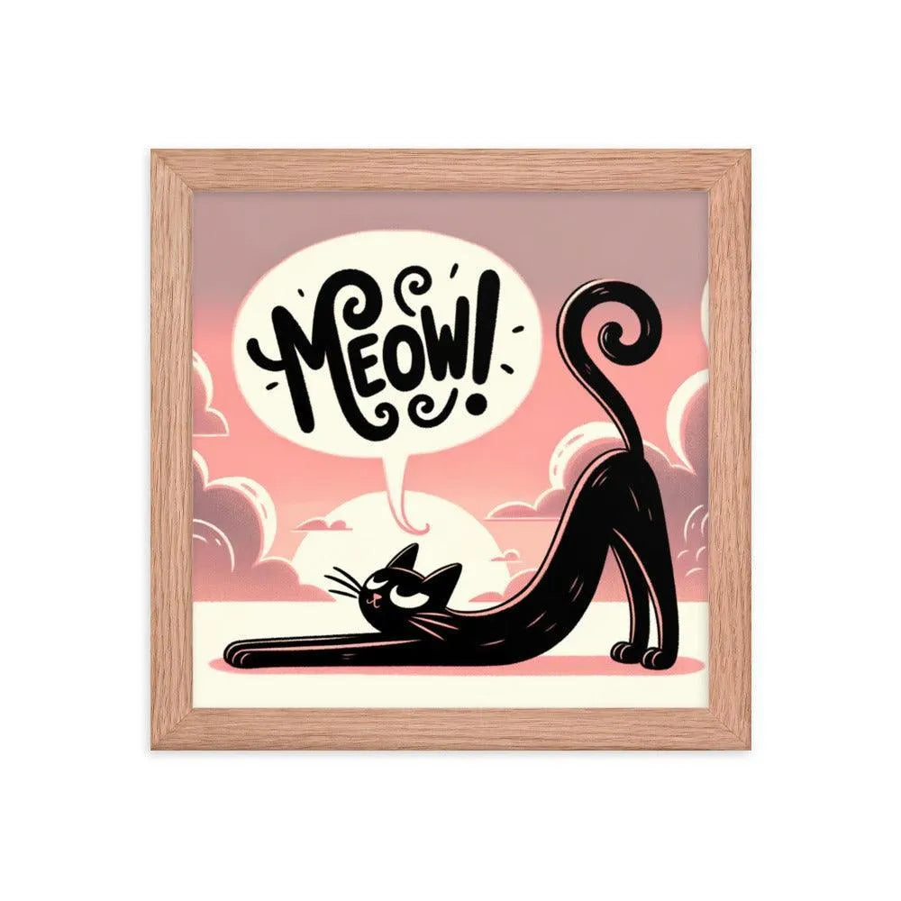 Cat Stretching Saying Meow at Sunset Framed Poster - Oh Posters