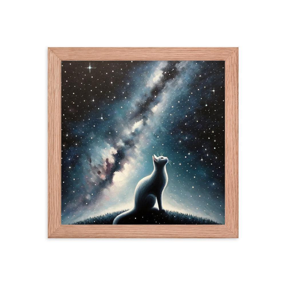 Cat on Hill Gazing at Moonlit Milky Way - Celestial Framed Poster - Oh Posters