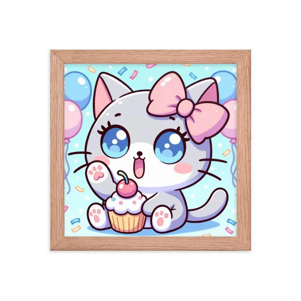 Kawaii Grey Cat with Cupcake Cute Anime Style Framed Poster - Oh Posters