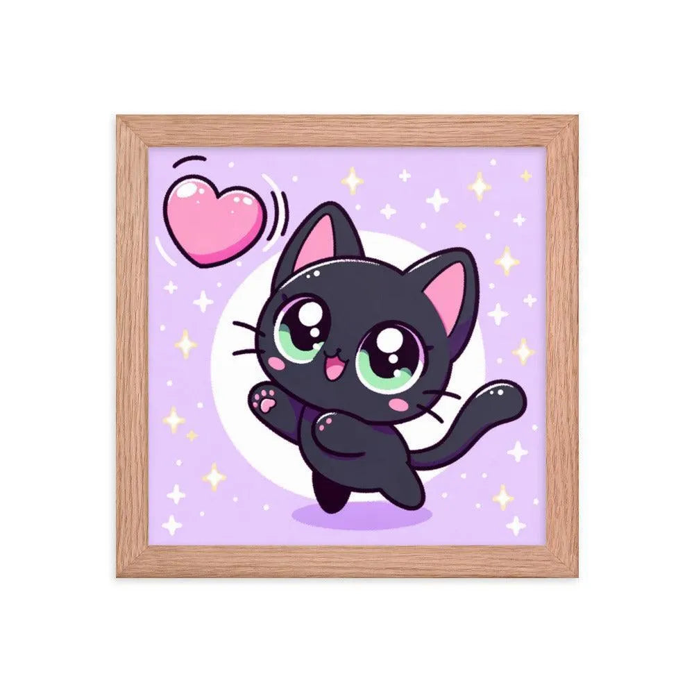 Kawaii Black Cat Heart Balloon Cute Illustration Framed Poster - Oh Posters