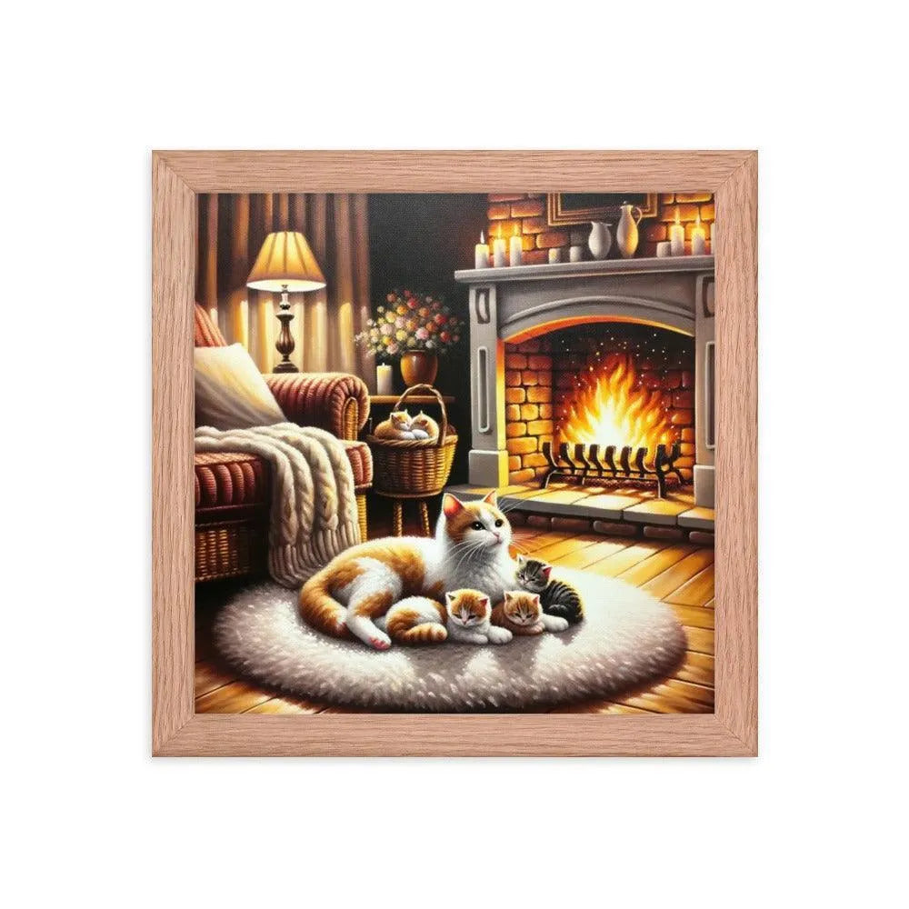 Cozy Fireplace Cat and Kittens Relaxing Art Framed Poster - Oh Posters