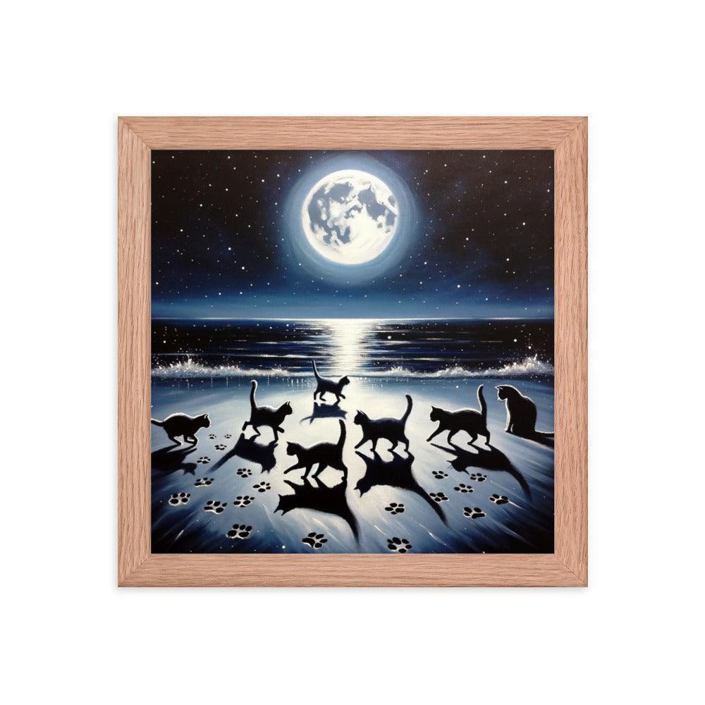 Cats Playing Tag on Moonlit Beach - Magical & Playful Framed Poster - Oh Posters